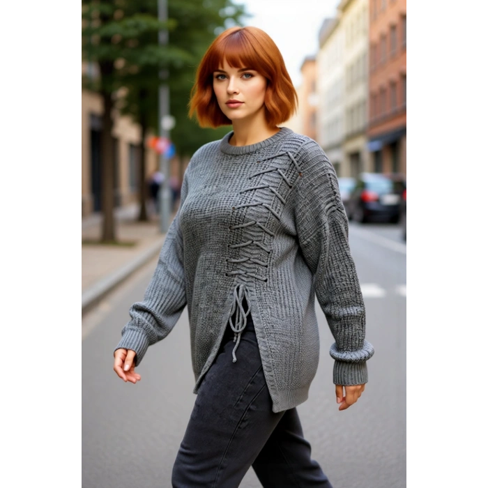 Kadın Modern Antrasit Akrilik Triko Kazak Bağcık Detaylı Relaxed Kesim Kış Modası İçin Şık Seçim