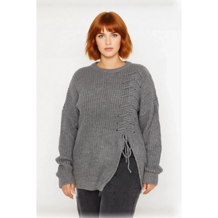 Kadın Modern Antrasit Akrilik Triko Kazak Bağcık Detaylı Relaxed Kesim Kış Modası İçin Şık Seçim