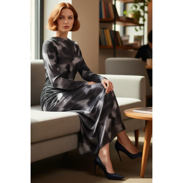 Kadın Modern Batik Desenli Dik Yaka Uzun Kollu Midi Elbise Şık Ve Rahat Örme Tasarım Kaliteli