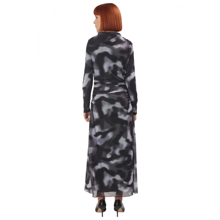 Kadın Modern Batik Desenli Dik Yaka Uzun Kollu Midi Elbise Şık Ve Rahat Örme Tasarım Kaliteli