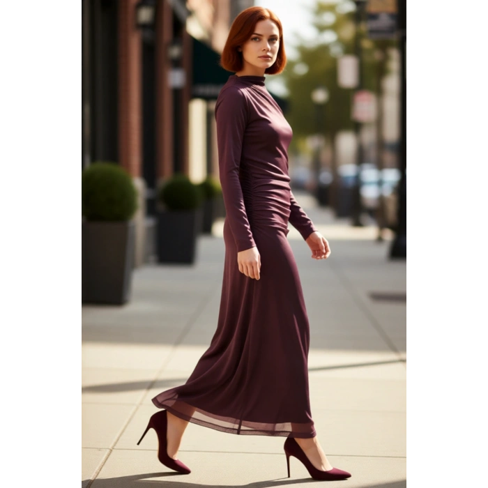 Kadın Modern Batik Desenli Dik Yaka Uzun Kollu Midi Elbise Şık Ve Rahat Örme Tasarım Kaliteli