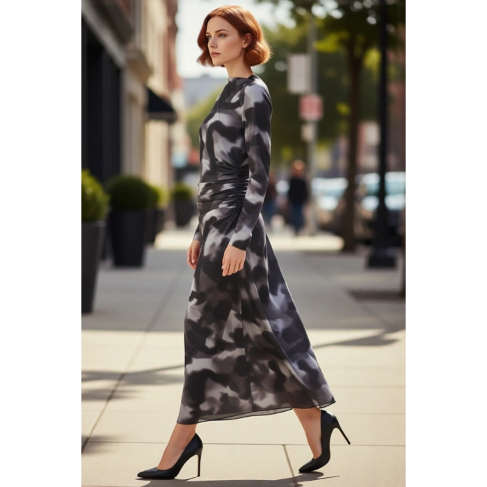 Kadın Modern Batik Desenli Dik Yaka Uzun Kollu Midi Elbise Şık Ve Rahat Örme Tasarım Kaliteli