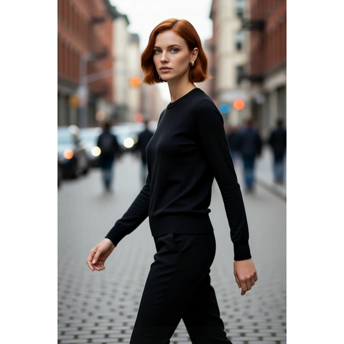 Kadın Modern Bisiklet Yaka İnce Triko Regular Kalıp Düz Dokuma Uzun Kol Kazak Modeli Kaliteli