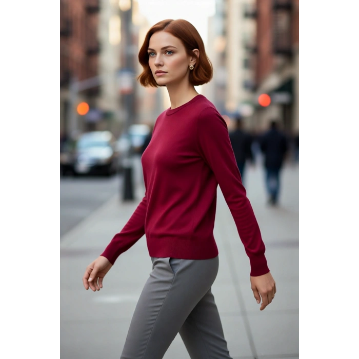 Kadın Modern Bisiklet Yaka İnce Triko Regular Kalıp Düz Dokuma Uzun Kol Kazak Modeli Kaliteli