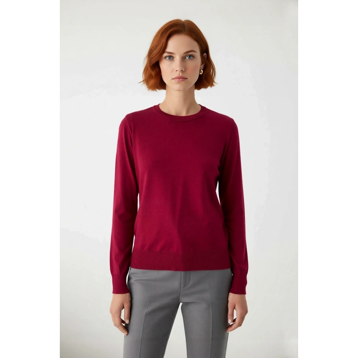 Kadın Modern Bisiklet Yaka İnce Triko Regular Kalıp Düz Dokuma Uzun Kol Kazak Modeli Kaliteli