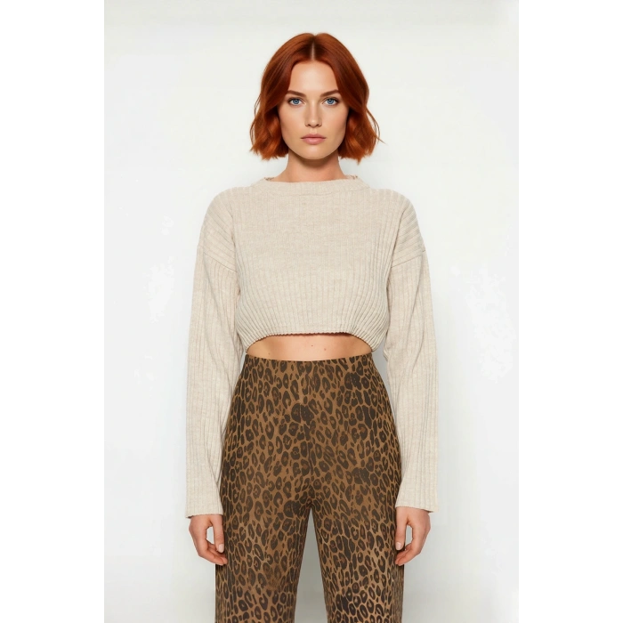 Kadın Modern Bisiklet Yaka Regular Kalıp Triko Super Crop Uzun Kol Kazak Günlük Kombinler İçin