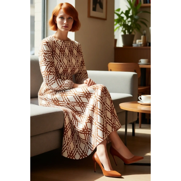 Kadın Modern Bisiklet Yaka Uzun Balon Kol Kemerli Geometrik Desenli Dokuma Maxi Elbise Kaliteli