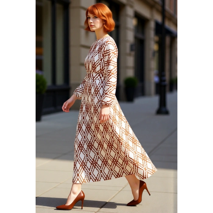 Kadın Modern Bisiklet Yaka Uzun Balon Kol Kemerli Geometrik Desenli Dokuma Maxi Elbise Kaliteli