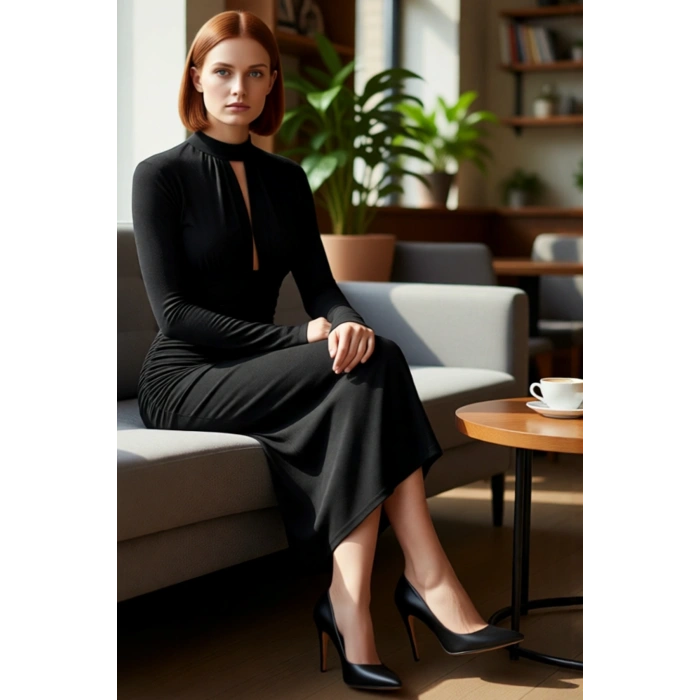 Kadın Modern Bodycon Uzun Kollu Dik Yaka Cut Out Detaylı Simli Örme Abiye Kokteyl Elbisesi