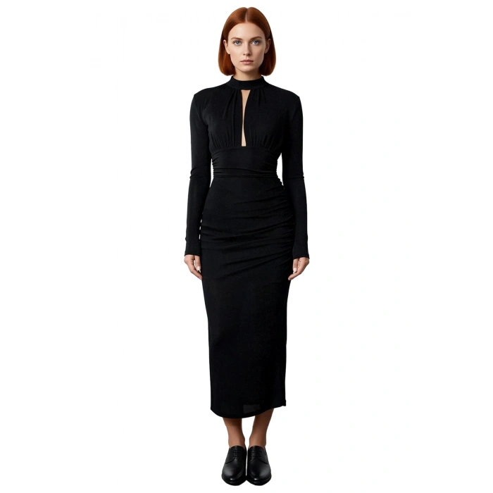 Kadın Modern Bodycon Uzun Kollu Dik Yaka Cut Out Detaylı Simli Örme Abiye Kokteyl Elbisesi