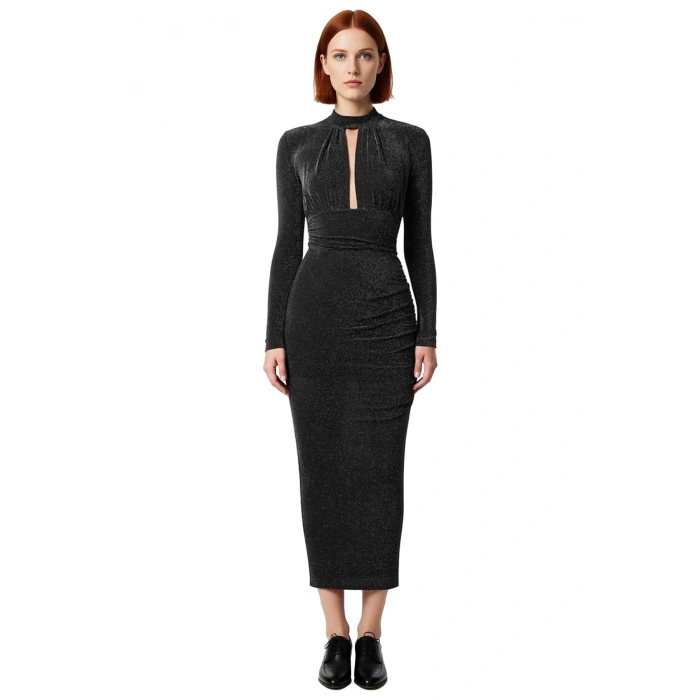 Kadın Modern Bodycon Uzun Kollu Dik Yaka Cut Out Detaylı Simli Örme Abiye Kokteyl Elbisesi