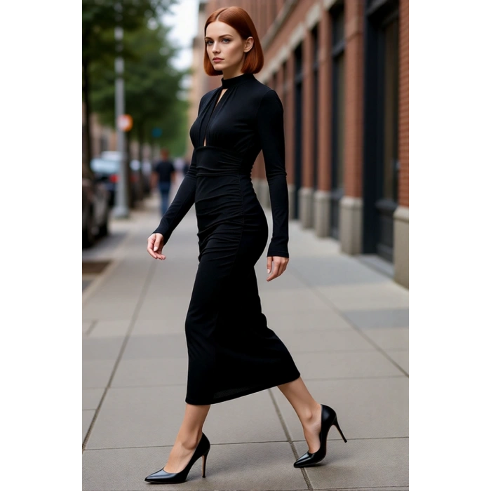 Kadın Modern Bodycon Uzun Kollu Dik Yaka Cut Out Detaylı Simli Örme Abiye Kokteyl Elbisesi