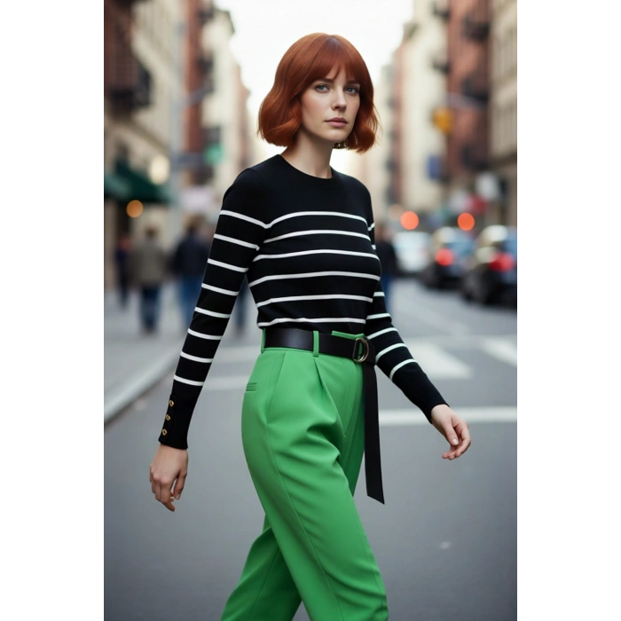 Kadın Modern Ekru Çizgili Bisiklet Yaka Fitted Kesim Triko Kazak İlkbahar Sonbahar Konforu