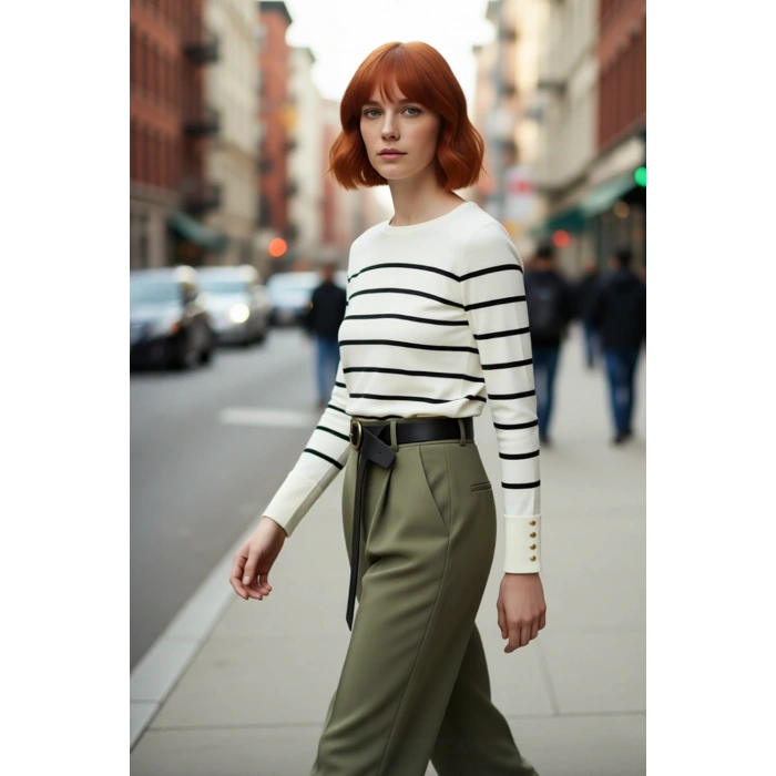 Kadın Modern Ekru Çizgili Bisiklet Yaka Fitted Kesim Triko Kazak İlkbahar Sonbahar Konforu