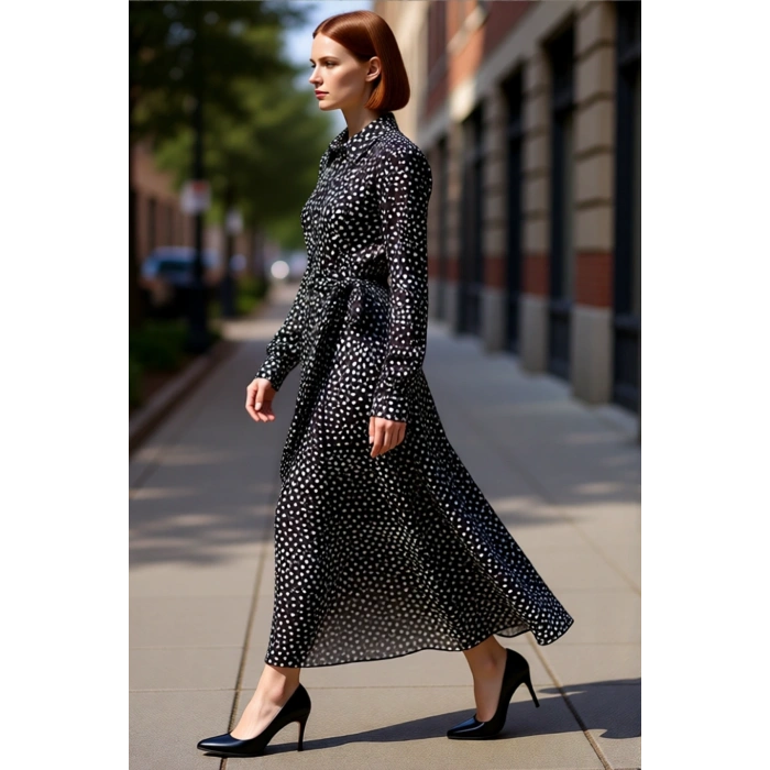 Kadın Modern Feminine Puantiyeli Gömlek Yaka Uzun Kol Maxi Boy Viskoz Günlük Elbise Kaliteli
