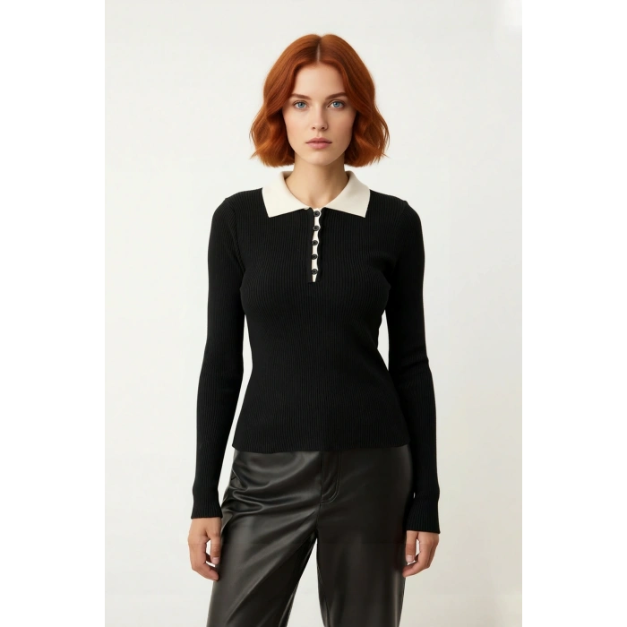 Kadın Modern Fitilli Triko Polo Yaka Kazak Fitted Kesim Uzun Kollu Günlük Şıklık İçin İdeal
