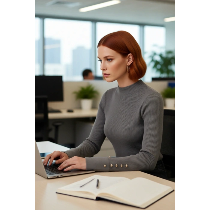 Kadın Modern Fitted Kalıp Dik Yaka Uzun Kollu Fitilli Triko Kazak Şık ve Rahat Kombinler Kaliteli