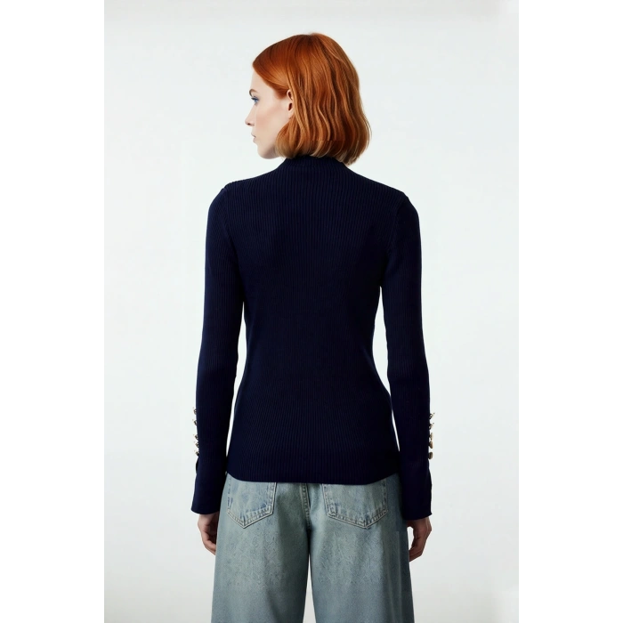 Kadın Modern Fitted Kalıp Dik Yaka Uzun Kollu Fitilli Triko Kazak Şık ve Rahat Kombinler Kaliteli