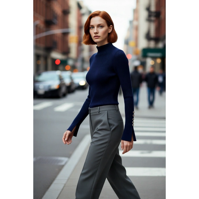 Kadın Modern Fitted Kalıp Dik Yaka Uzun Kollu Fitilli Triko Kazak Şık ve Rahat Kombinler Kaliteli