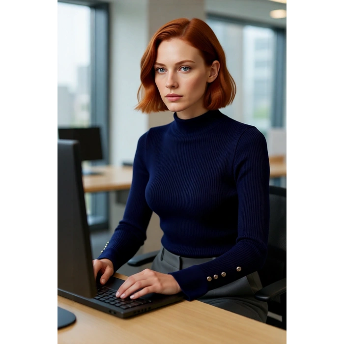 Kadın Modern Fitted Kalıp Dik Yaka Uzun Kollu Fitilli Triko Kazak Şık ve Rahat Kombinler Kaliteli