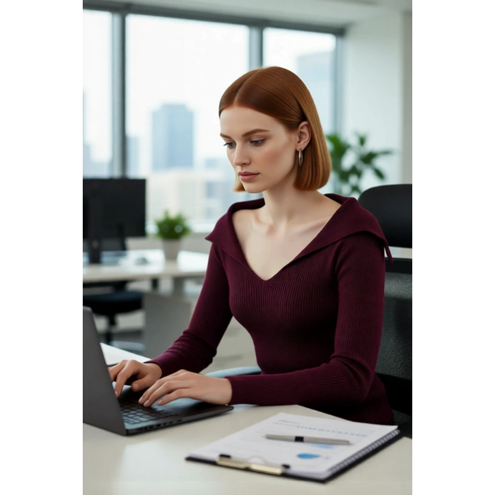 Kadın Modern Fitted Triko Bluz Devrik Carmen Yaka İnce Fitilli Dokuma Uzun Kol Crop Tasarım