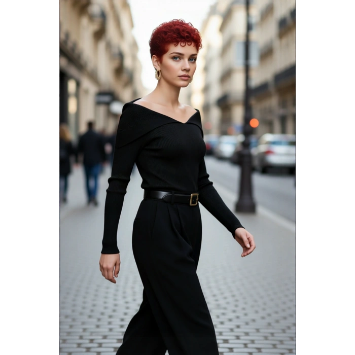 Kadın Modern Fitted Triko Bluz Devrik Carmen Yaka İnce Fitilli Dokuma Uzun Kol Crop Tasarım