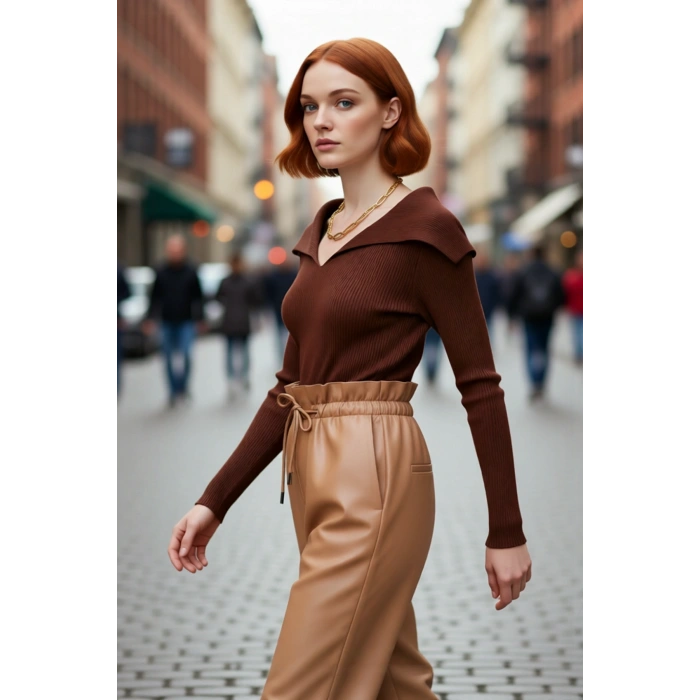 Kadın Modern Fitted Triko Bluz Devrik Carmen Yaka İnce Fitilli Dokuma Uzun Kol Crop Tasarım