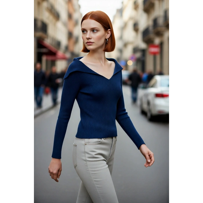 Kadın Modern Fitted Triko Bluz Devrik Carmen Yaka İnce Fitilli Dokuma Uzun Kol Crop Tasarım