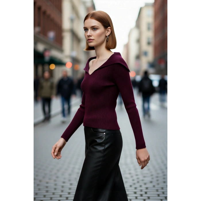 Kadın Modern Fitted Triko Bluz Devrik Carmen Yaka İnce Fitilli Dokuma Uzun Kol Crop Tasarım