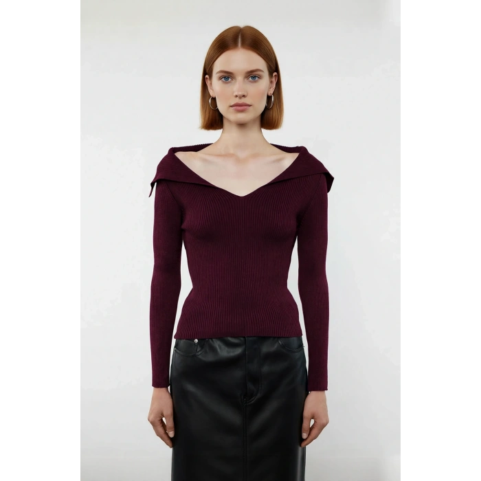 Kadın Modern Fitted Triko Bluz Devrik Carmen Yaka İnce Fitilli Dokuma Uzun Kol Crop Tasarım