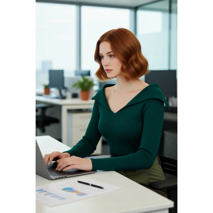 Kadın Modern Fitted Triko Bluz Devrik Carmen Yaka İnce Fitilli Dokuma Uzun Kol Crop Tasarım