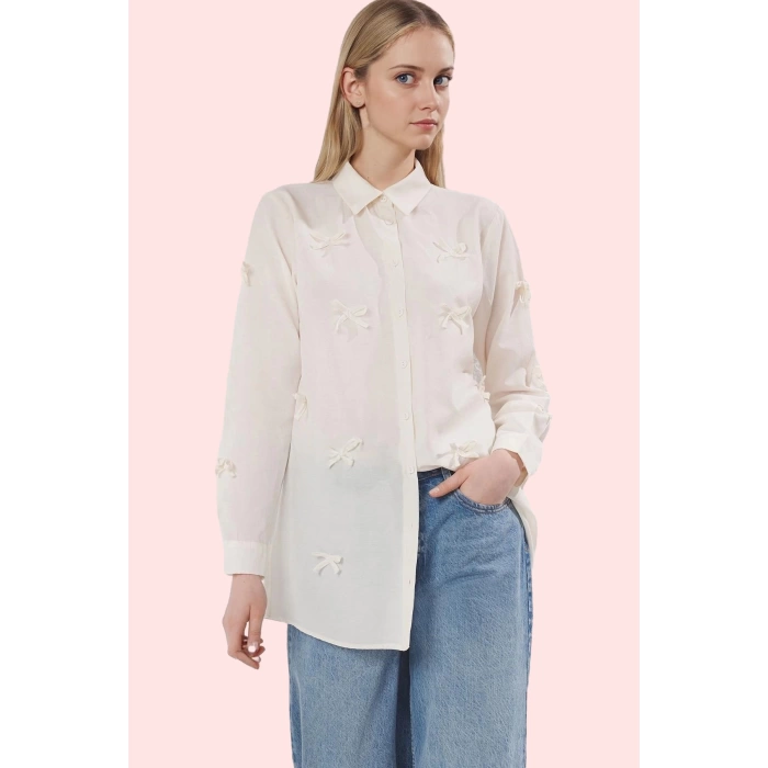 Kadın Modern Fiyonk Detaylı Terrycotton Dokuma Gömlek Günlük Kullanım İçin Kaliteli Malzeme