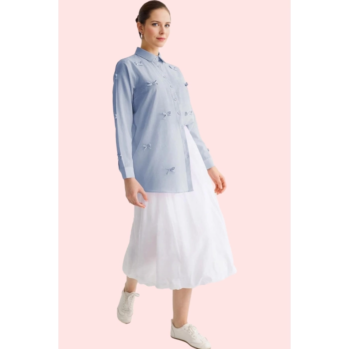 Kadın Modern Fiyonk Detaylı Terrycotton Dokuma Gömlek Günlük Kullanım İçin Kaliteli Malzeme