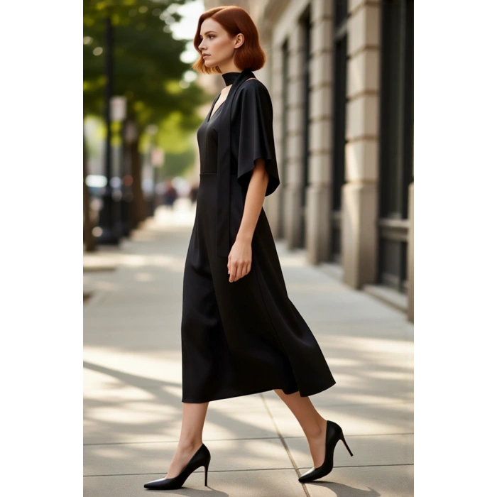 Kadın Modern Fular Detaylı Midi Elbise Yarasa Kol V Yaka Saten Dokuma Kumaş Şık Davetler İçin