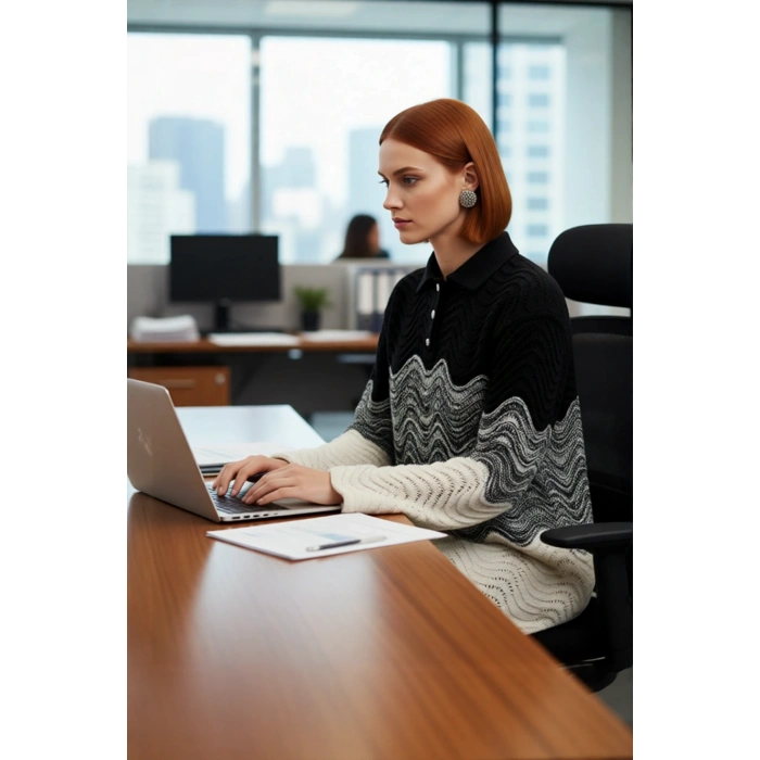Kadın Modern Jakar Dokuma Renk Bloklu Polo Yaka Uzun Kollu Fitted Triko Kazak Soğuklara Meydan Okur