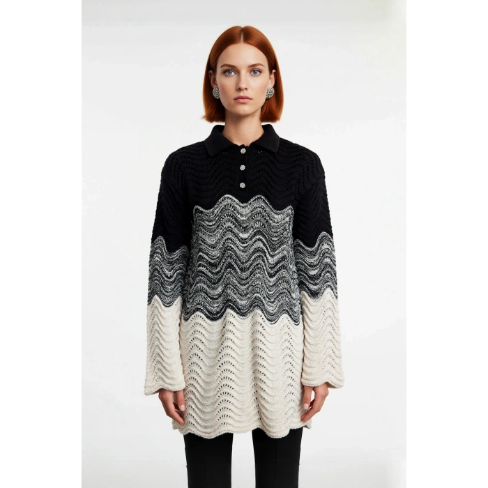 Kadın Modern Jakar Dokuma Renk Bloklu Polo Yaka Uzun Kollu Fitted Triko Kazak Soğuklara Meydan Okur