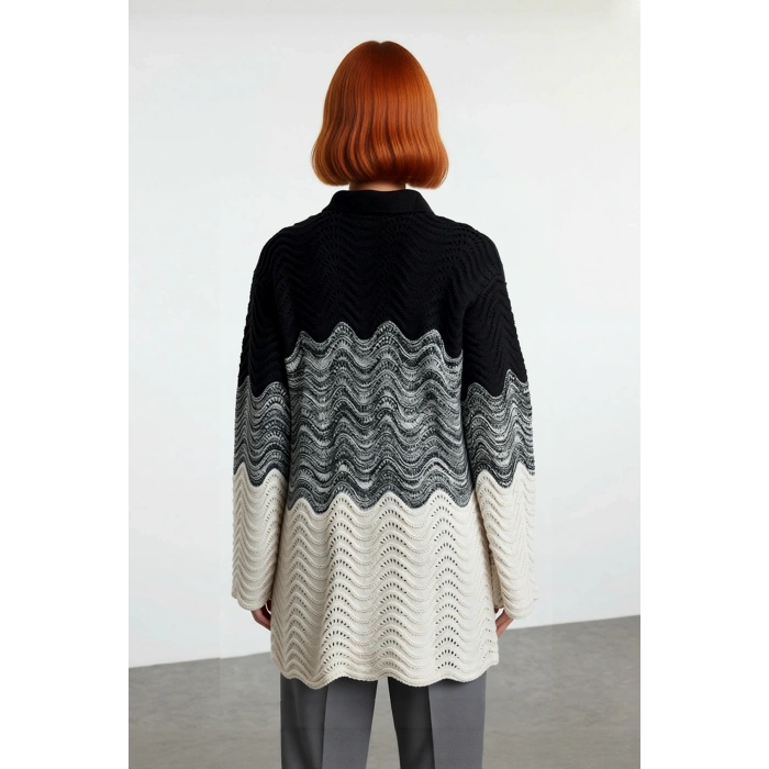 Kadın Modern Jakar Dokuma Renk Bloklu Polo Yaka Uzun Kollu Fitted Triko Kazak Soğuklara Meydan Okur