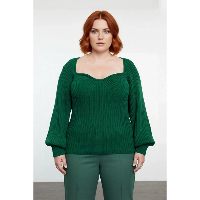 Kadın Modern Kalp Yaka Triko Kazak Fitted Kalıp Uzun Reglan Kol Fitilli Örme Şıklığı Kışa Özel