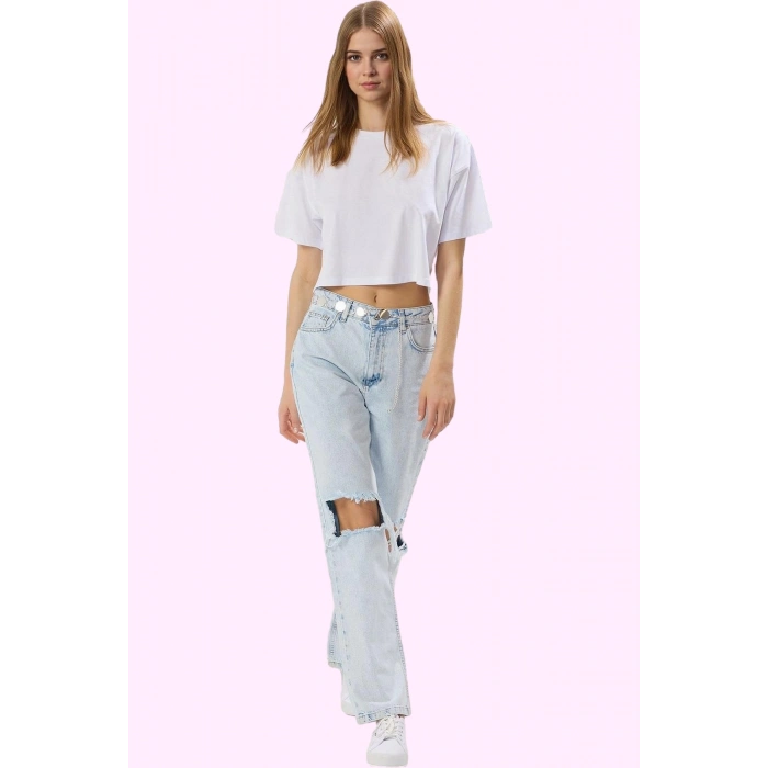Kadın Modern Kesim Yırtık Detaylı Denim Geniş Paça Jean Pantolon; Rahat Günlük Stil Hafta Sonu