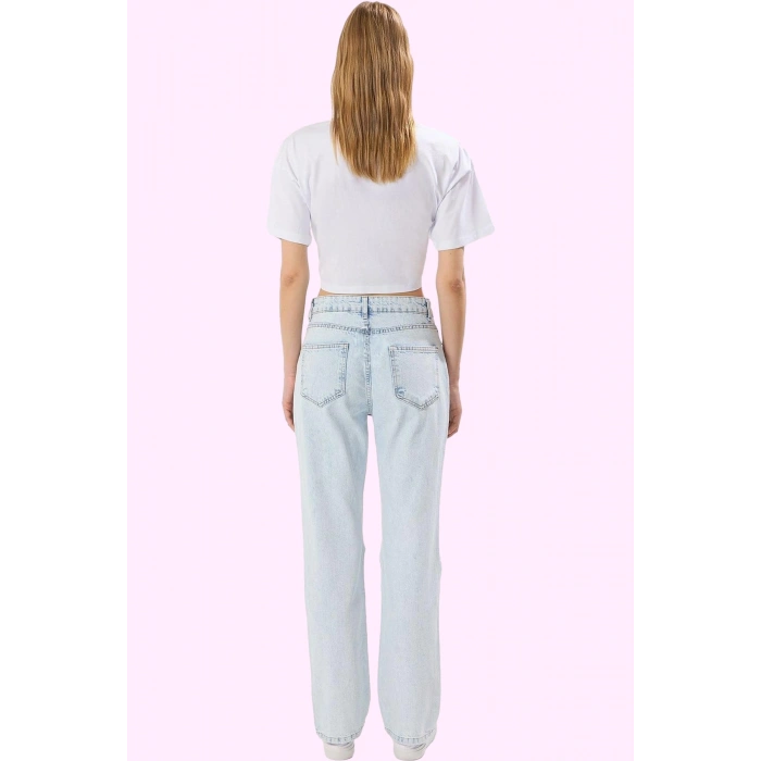Kadın Modern Kesim Yırtık Detaylı Denim Geniş Paça Jean Pantolon; Rahat Günlük Stil Hafta Sonu