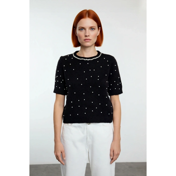 Kadın Modern Kısa Kol Nakış Detaylı Bisiklet Yaka Crop Triko Kazak Cool Comfort Stilinizi Tamamlayın