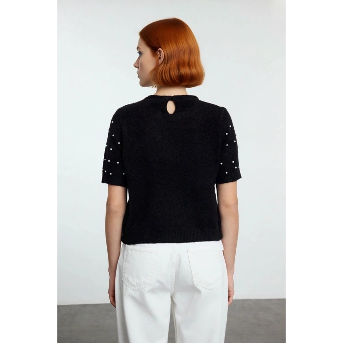 Kadın Modern Kısa Kol Nakış Detaylı Bisiklet Yaka Crop Triko Kazak Cool Comfort Stilinizi Tamamlayın