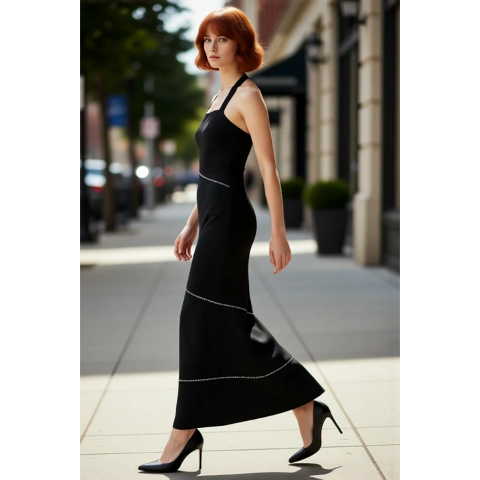 Kadın Modern Kokteyl Abiye Elbise Kalın Askılı Kare Yaka Taşlı Midi Boy Vücudu Saran Dokuma