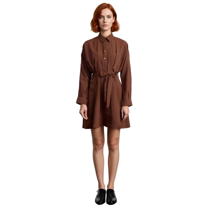 Kadın Modern Kuşaklı Gömlek Yaka Mini Elbise Yarasa Kol Rahat Kesim İlkbahar Yaz Şıklığı Kaliteli