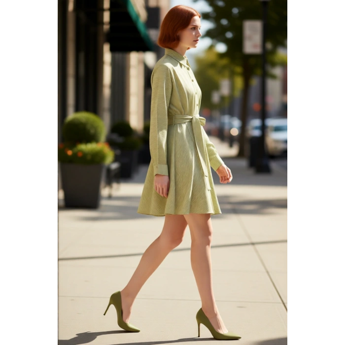 Kadın Modern Kuşaklı Gömlek Yaka Mini Elbise Yarasa Kol Rahat Kesim İlkbahar Yaz Şıklığı Kaliteli