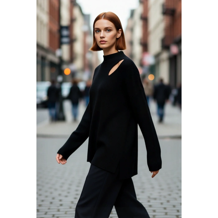 Kadın Modern Oversize Düşük Kol Siyah Akrilik Triko Kazak Cut Out Detaylı Günlük Şıklık Kaliteli