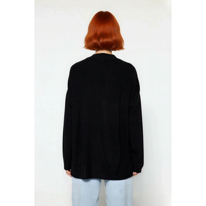 Kadın Modern Oversize Düşük Kol Siyah Akrilik Triko Kazak Cut Out Detaylı Günlük Şıklık Kaliteli