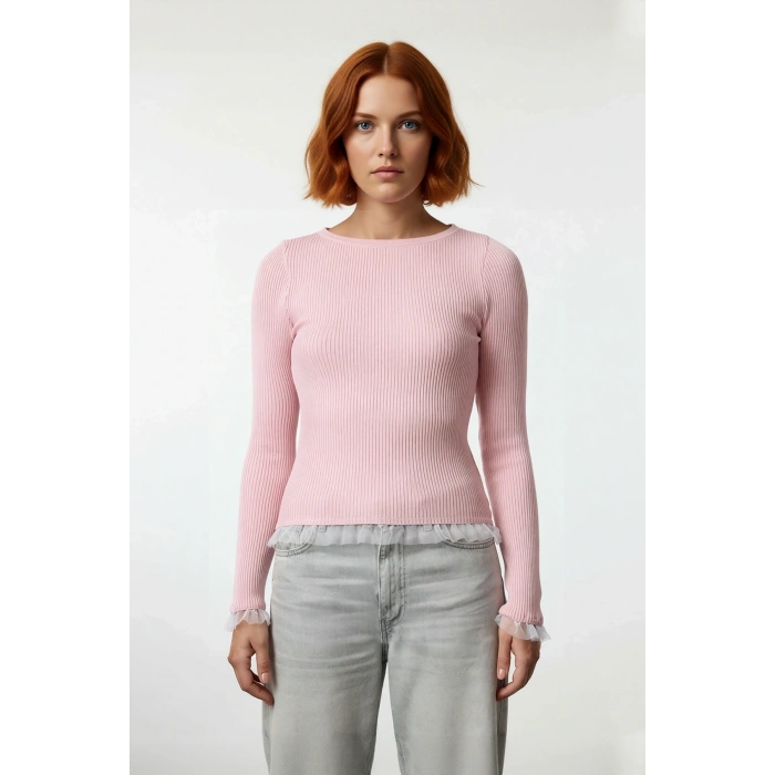 Kadın Modern Pembe Bisiklet Yaka Uzun Kollu Fitted Triko Tül Detaylı Sonbahar Kazak Kaliteli