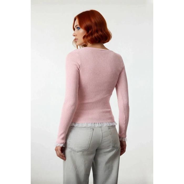 Kadın Modern Pembe Bisiklet Yaka Uzun Kollu Fitted Triko Tül Detaylı Sonbahar Kazak Kaliteli