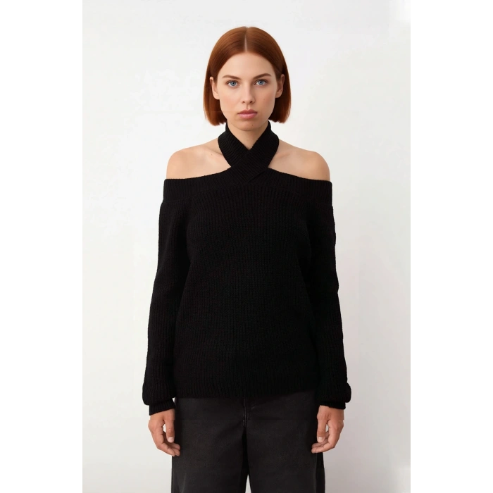 Kadın Modern Regular Fit Carmen Yaka Çapraz Detaylı Uzun Kollu Kışlık Triko Crop Kazak Kaliteli